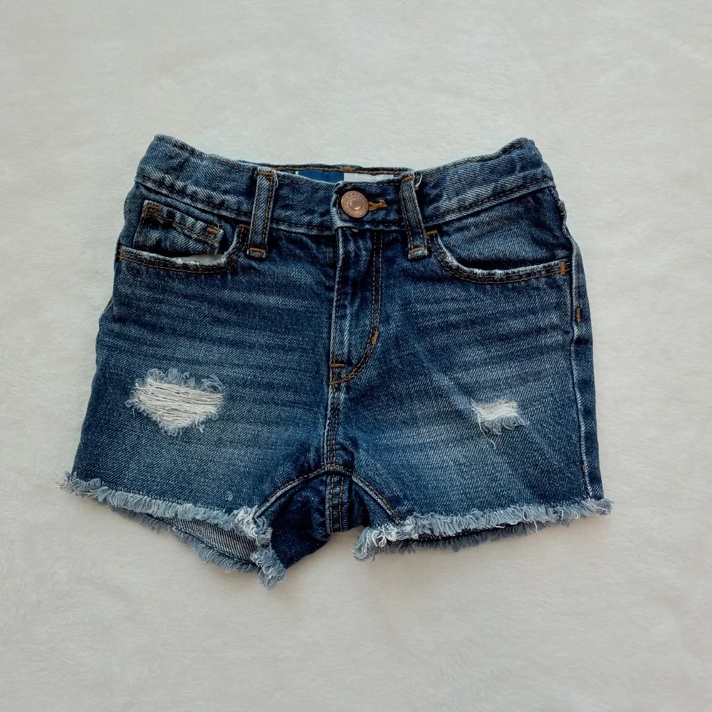 Old Navy Slouchy Straight Shorts Kids 3T Dark Wash Excellent Distressed Cutoff